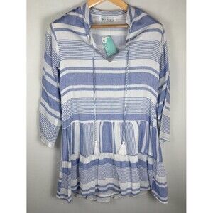 Bindu Morella Blue White Stripe Gauze Cotton Tiered Mini Dress Size Small Beachy